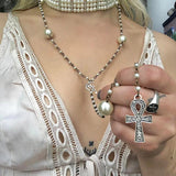 Hip Hop Sweet Fairy Rosary Necklace Pearl Cross Religious Sweater Chain