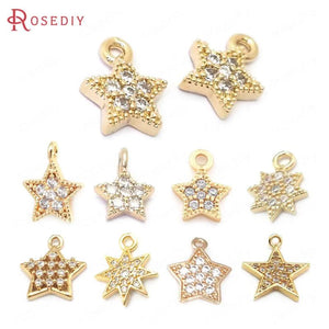 10PCS 24K Brass Zircon Star Charms Pendants Jewelry Making Supplies