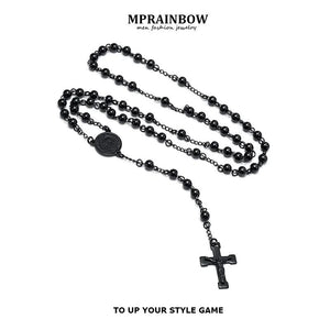 Men's Rosary Style Stainless Steel Cross Necklace