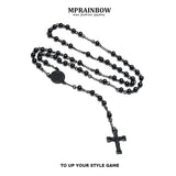 Men's Rosary Style Stainless Steel Cross Necklace