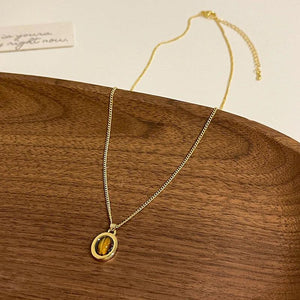 Tiger's Eye Stone Pendant Beaded Necklace Double Layer Choker