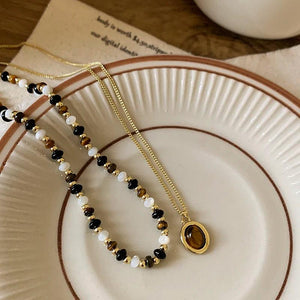 Tiger's Eye Stone Pendant Beaded Necklace Double Layer Choker