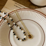Tiger's Eye Stone Pendant Beaded Necklace Double Layer Choker