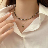 Tiger's Eye Stone Pendant Beaded Necklace Double Layer Choker