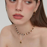 Tiger's Eye Stone Pendant Beaded Necklace Double Layer Choker