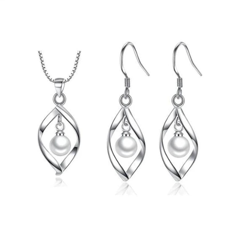 925 Silver Pearl Twist Water Drop Necklace+Earrings Set Party Gift