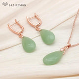 S&Z 585 Rose Water Drop Dangle Earrings & Pendant Necklace Set