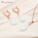 S&Z 585 Rose Water Drop Dangle Earrings & Pendant Necklace Set