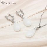 S&Z 585 Rose Water Drop Dangle Earrings & Pendant Necklace Set