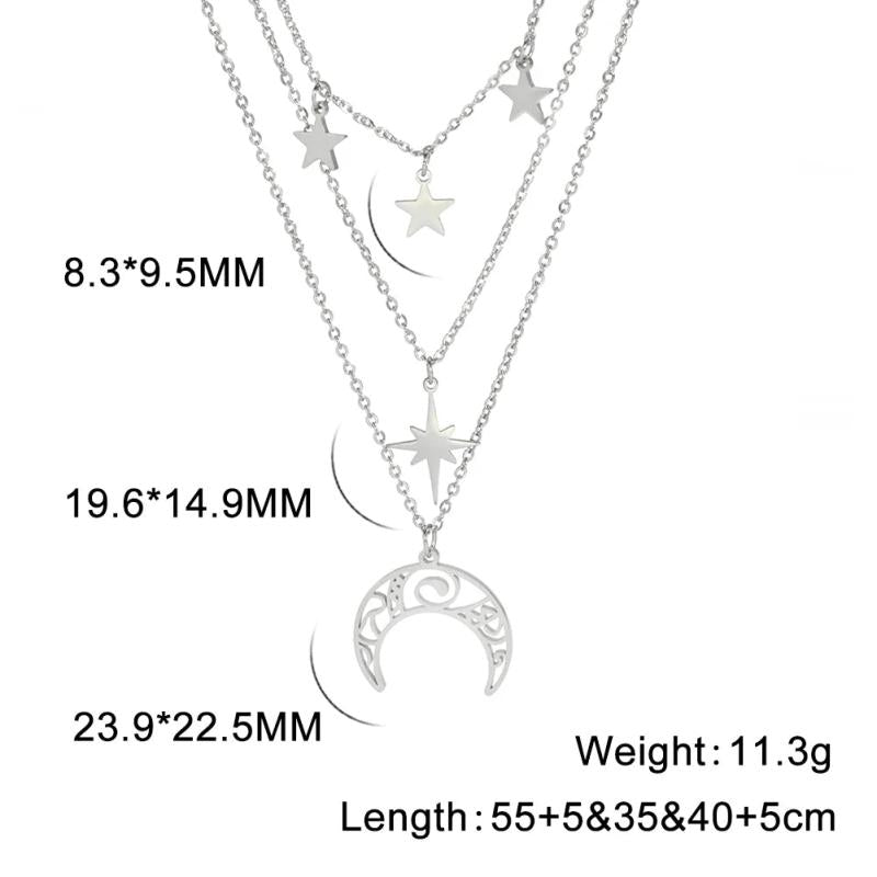 3 Layer Witchy Necklace for Women Star Moon Stainless Steel Choker Layered Jewel