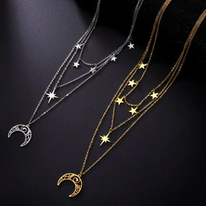 3 Layer Witchy Necklace for Women Star Moon Stainless Steel Choker Layered Jewel