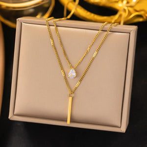 Double Layer Crystal Zircon Pendant Necklace Stainless Steel Choker Chain