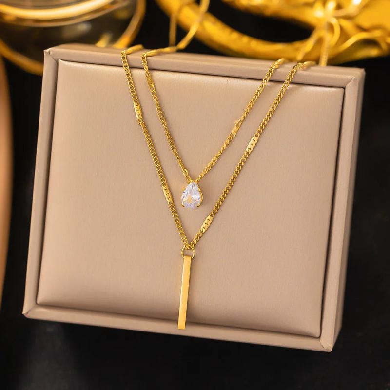 Double Layer Crystal Zircon Pendant Necklace Stainless Steel Choker Chain