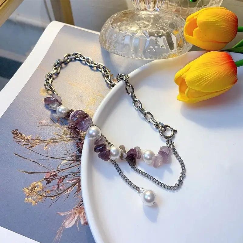 Titanium Steel Crushed Stone Pearl Necklace Tassel Collarbone Chain