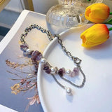 Titanium Steel Crushed Stone Pearl Necklace Tassel Collarbone Chain