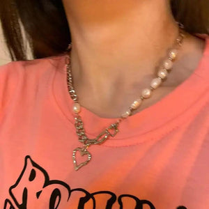 Spicy Girl Pearl Heart Splice Necklace for Women, High Sense Collar Chain