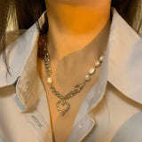Spicy Girl Pearl Heart Splice Necklace for Women, High Sense Collar Chain