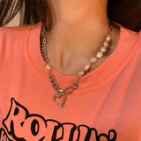 Spicy Girl Pearl Heart Splice Necklace for Women, High Sense Collar Chain