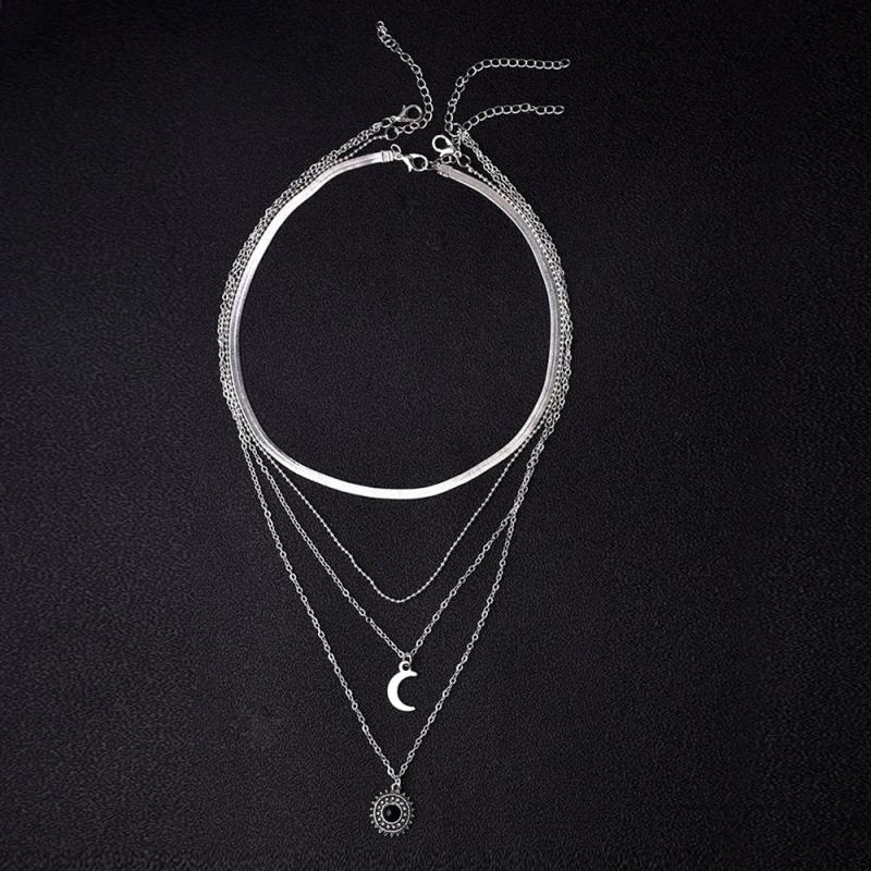 925 Silver Layer Necklace Round Moon Pendant Women Jewelry