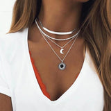 925 Silver Layer Necklace Round Moon Pendant Women Jewelry