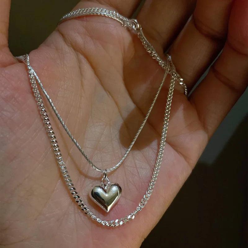 925 Silver Double Layer Heart Necklace Ins Pendant Clavicle Chain Party Jewelry