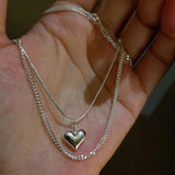 925 Silver Double Layer Heart Necklace Ins Pendant Clavicle Chain Party Jewelry