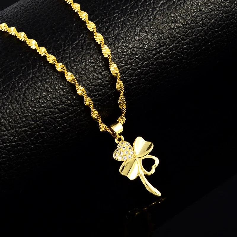 24K Water Wave Chain Necklaces for Women Four-Leaf Clover Pendant