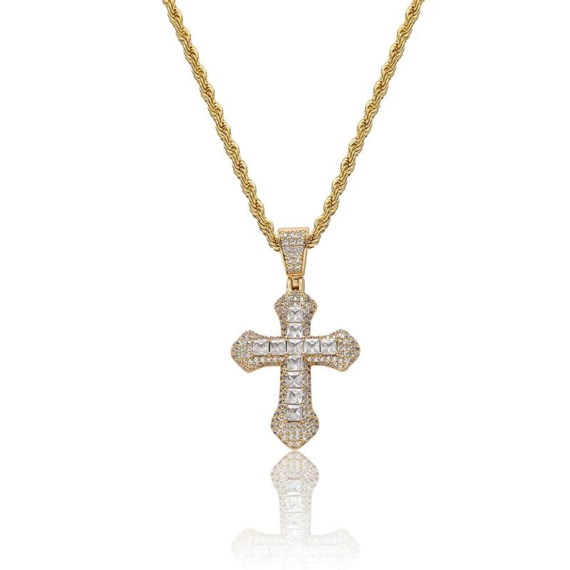 Iced Out Bling Cross Necklace CZ Pink Choker Hip Hop Men Jewelry