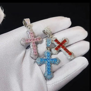 Iced Out Bling Cross Necklace CZ Pink Choker Hip Hop Men Jewelry
