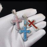 Iced Out Bling Cross Necklace CZ Pink Choker Hip Hop Men Jewelry