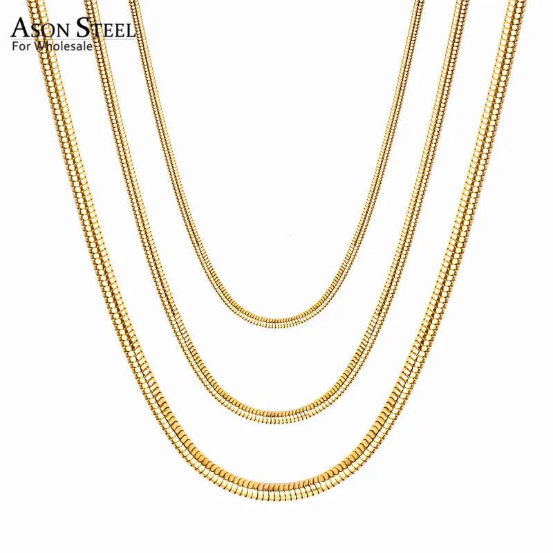 Round Cuban Link Snake Chain Necklace Choker Stainless Steel 1mm/2mm/3mm Width