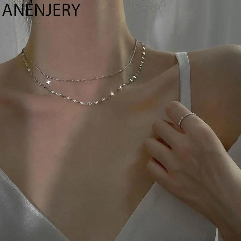 Silver Double Layer Cross Star Necklace Female Clavicle Chain