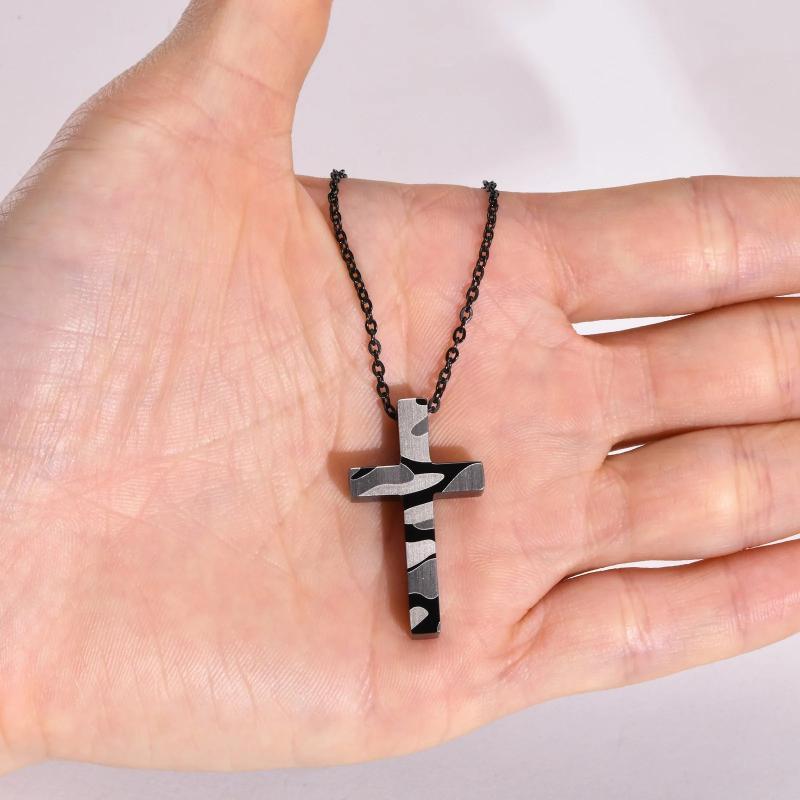 Camouflage Cross Necklace, Military Grey Pendant, Stainless Steel Chain Crucifix
