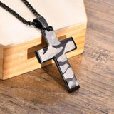 Camouflage Cross Necklace, Military Grey Pendant, Stainless Steel Chain Crucifix