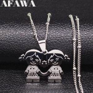 Family Two Girl Stainless Steel Necklace Silver N551S01