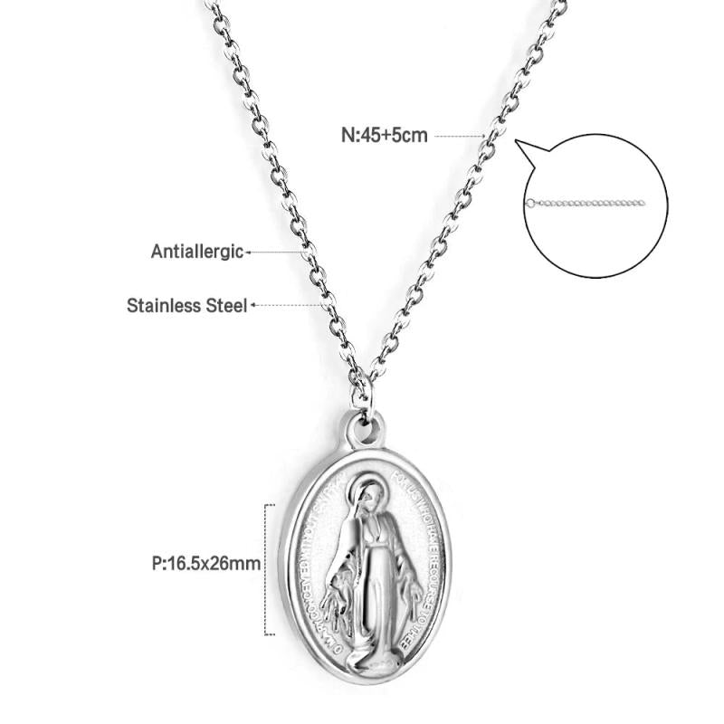 Stainless Steel Virgin Mary Pendant Necklace Religious Christian Our Lady