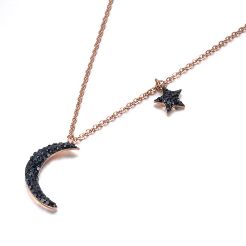 Star & Moon Pendant Rhinestones Rose Pendant Necklace N18238