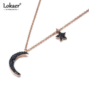 Star & Moon Pendant Rhinestones Rose Pendant Necklace N18238