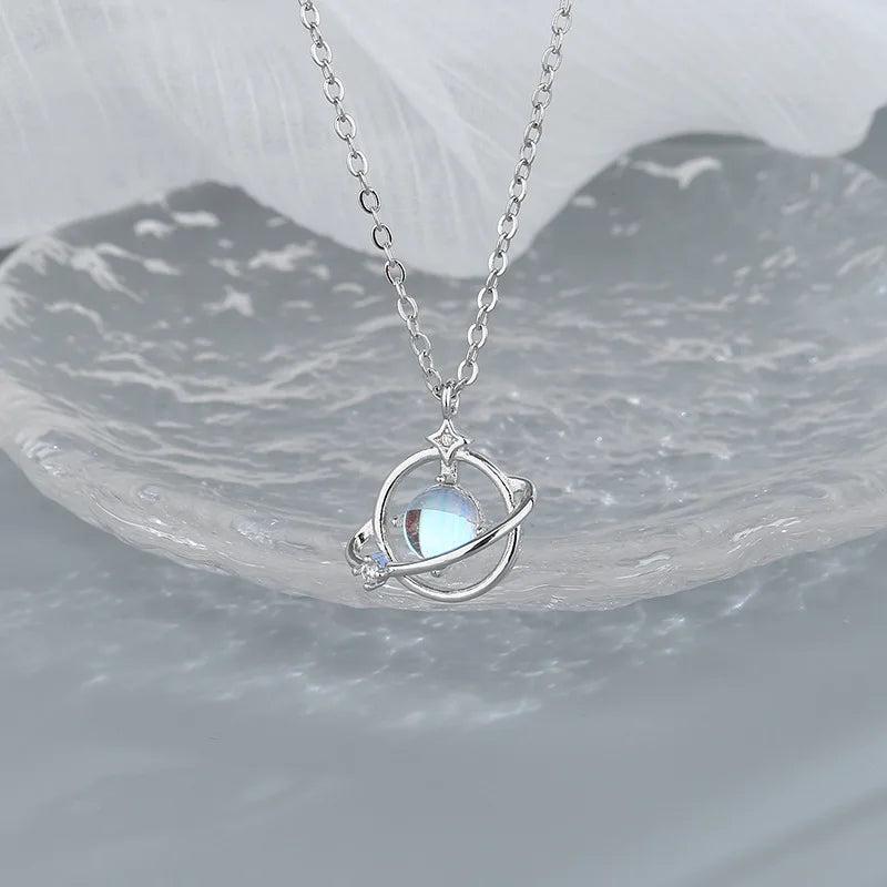 Silver Moonstone Star Moon Necklace Starry Planet Clavicle Chain