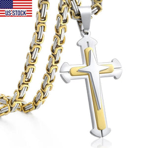 Stainless Steel Men's Cross Pendant Necklace Silver Chain