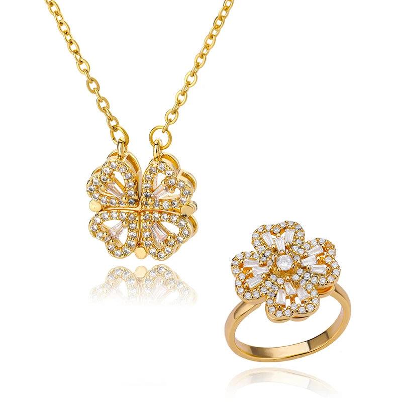 Four Leaf Clover Jewelry Set Heart Chain Necklace Ring Adjustable