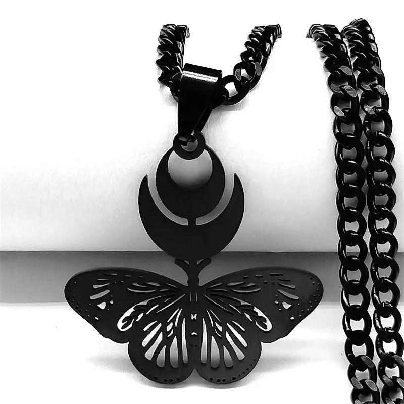 Goth Moon Butterfly Snake Crescent Cuban Chain Necklace