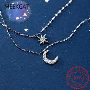 925 Silver Double Layer Star Moon Clavicle Necklace Women Cubic Zircon Gift