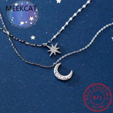 925 Silver Double Layer Star Moon Clavicle Necklace Women Cubic Zircon Gift