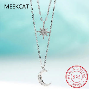 925 Silver Double Layer Star Moon Clavicle Necklace Women Cubic Zircon Gift
