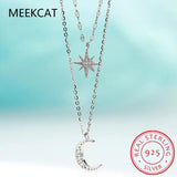 925 Silver Double Layer Star Moon Clavicle Necklace Women Cubic Zircon Gift