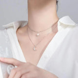 925 Silver Double Layer Star Moon Clavicle Necklace Women Cubic Zircon Gift