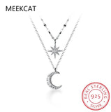 925 Silver Double Layer Star Moon Clavicle Necklace Women Cubic Zircon Gift