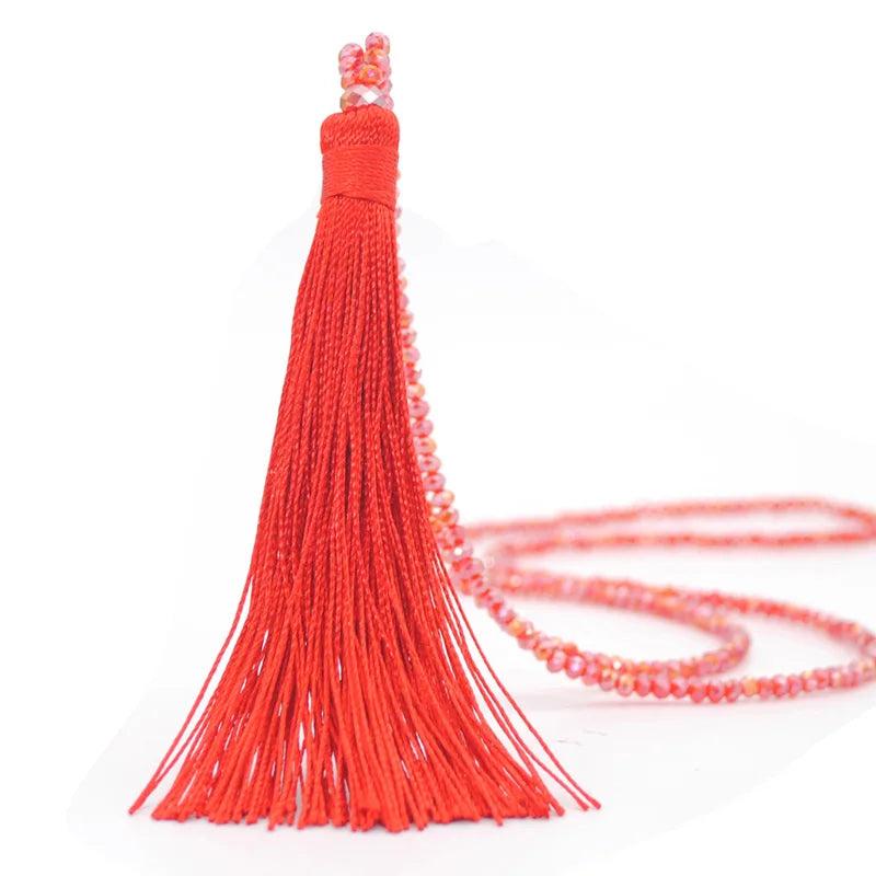 Boho Long Fringe Tassel Necklace Glass Beads Crystal Collar