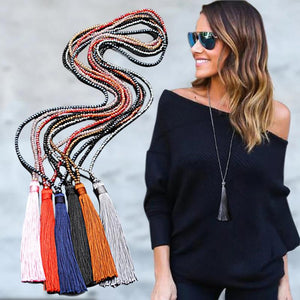 Boho Long Fringe Tassel Necklace Glass Beads Crystal Collar